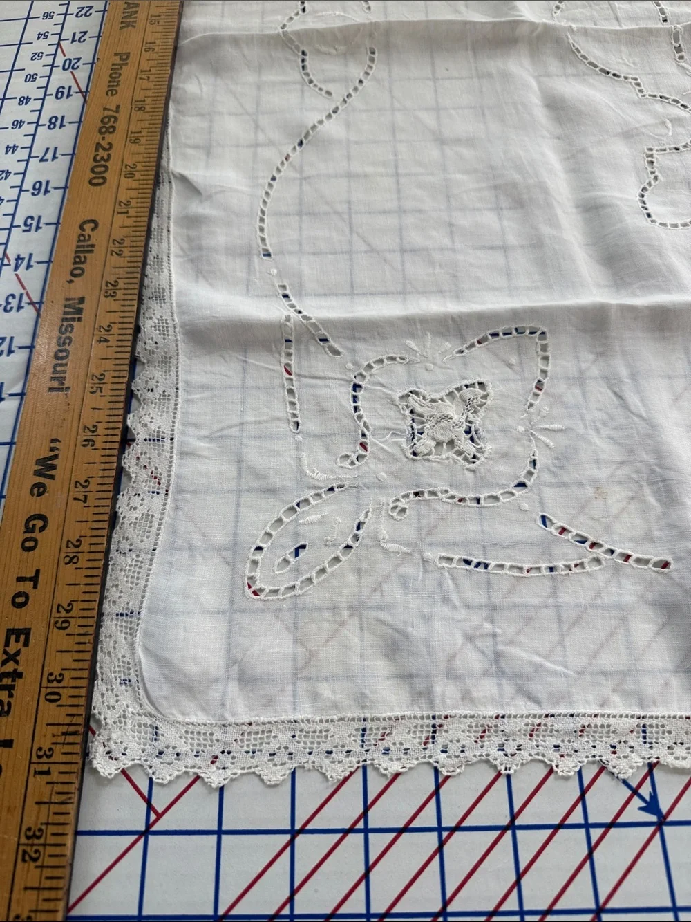 Antique White Linen Lace Table Topper 33 x 31 Drawn Thread Cutwork Embroidery
